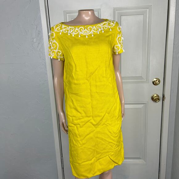 Vintage 70s Dress Pockets Beaded Yellow Shift party Wool Mini Formal 60s OO18 - Picture 1 of 6